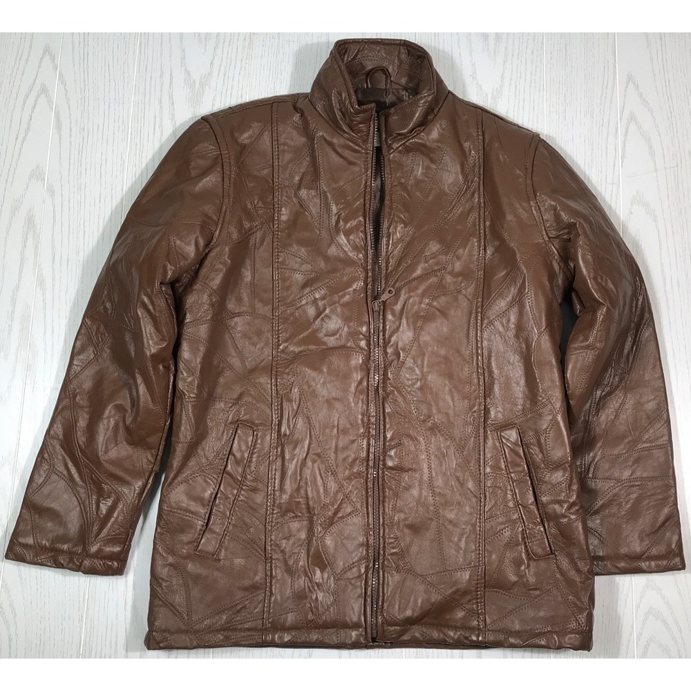 Vintage Tudor Court Leather Jacket M Brown Patchwork Full Zip Lined Pockets 90s